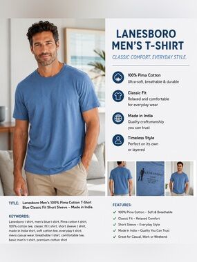 Lanesboro Men's Large 100% Pima Cotton T-Shirt Blue Classic Fit Short Sleeve